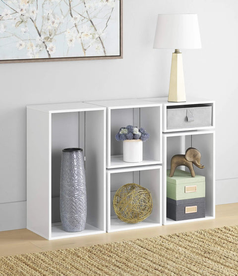Clip And Cube 5-Piece Organizer System in white with interlocking cubes and ABS clips, styled with decor items in a home setting.