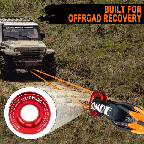 Snatch Block Ring Winch Pulley Kit With Two Piece One Half Inch Soft Shackle and Tree Saver Recovery Strap on off-road vehicle