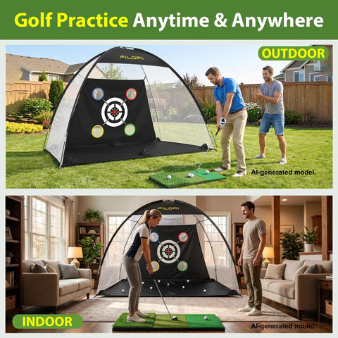 Get Your Swing On With This Heavy Duty 10 By 7 Foot Golf Practice Net Kit Including Tri Turf Mat Eight Durable Balls Tee And Handy Carry Bag Ideal For Indoor Outdoor Backyard Training On Driving Chipping And Full Swings Rated For 200 Mph Ball Speed shown outdoors and indoors