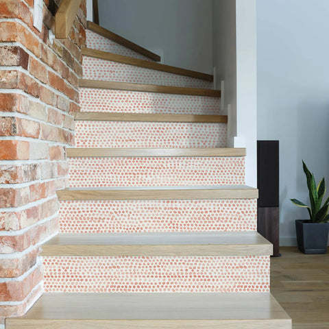 Stair risers with Coral Moire Dots Peel And Stick Wallpaper for easy DIY accent walls, removable self adhesive, 20.5 in by 16.5 ft.
