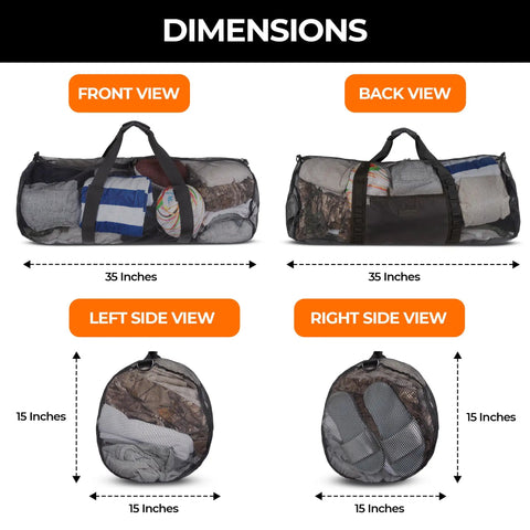 Massive 129L 35 Inch Mesh Duffle Bag for scuba gear snorkel sets swim essentials, front back left right views, dimensions shown