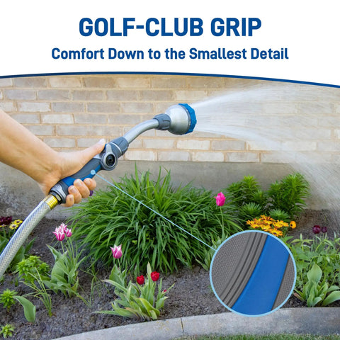 Person using Elevated 14 Inch Hose End Watering Wand With Seven Pattern Spray to water garden with ergonomic handle close-up.
