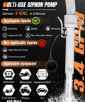 Battery Powered Gas Can Pump For Quick Fuel Transfers, Electric Siphon Pump With Auto Stop At 3.4 GPM, Spill Free No Mess Way To Move Gas, Diesel, Water From 5 Gal Can, No Assembly Needed, displayed with icons of applicable liquids and equipment.
