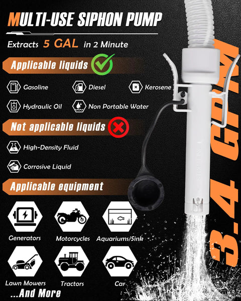 Battery Powered Gas Can Pump For Quick Fuel Transfers, Electric Siphon Pump With Auto Stop At 3.4 GPM, Spill Free No Mess Way To Move Gas, Diesel, Water From 5 Gal Can, No Assembly Needed, displayed with icons of applicable liquids and equipment.