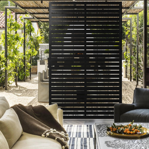Metal Privacy Screen With Stand 72 By 44 Inches Freestanding Outdoor Privacy Panels for patios, shown with patio furniture and plants