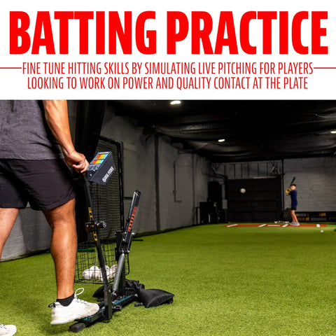 Person using All In One Baseball And Softball Training Aid With Spring Loaded Ball Launcher for batting practice indoors