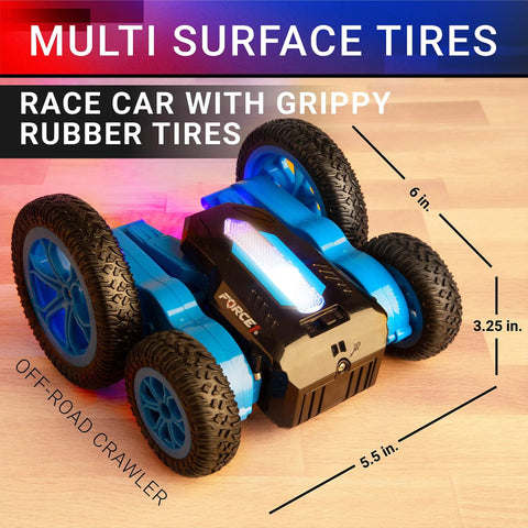 Tornado Blue LED Remote Control Car For Kids With Dual Sided Driving and 360 Flips 4WD Off Road Stunts Rad All Terrain Tires