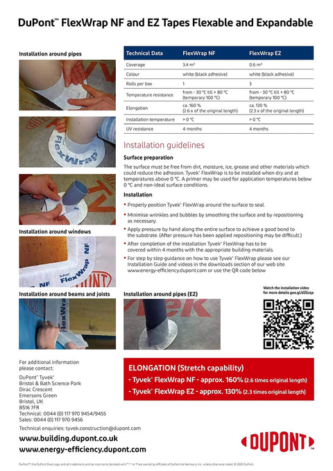 Installation guide for FlexWrap NF Self-Adhered Flashing Roll, includes step-by-step visuals for different substrates and corners.