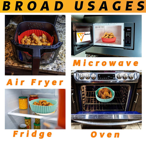 Collage showing 3 Pack 7.5 Inch Air Fryer Liners Set For Ninja Air Fryer Silicone Liners in air fryer, microwave, fridge, and oven.