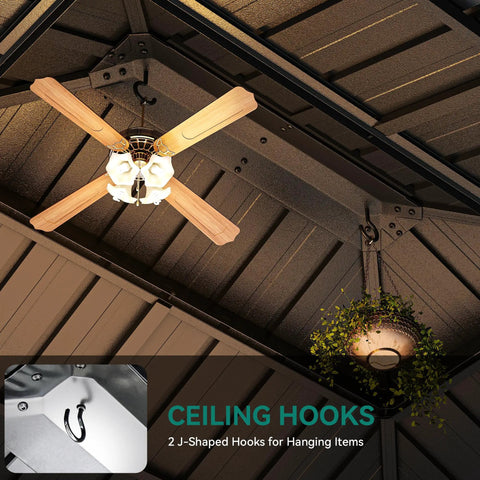 Ceiling hooks inside a 10x12 Ft Hard Top Aluminum Frame Gazebo With Double Roof Canopy For Patios Backyards Decks And Lawns Gray Built To Last With Curtains And Netting Weatherproof Metal Shelter For Outdoor Gatherings And Relaxing Moments.