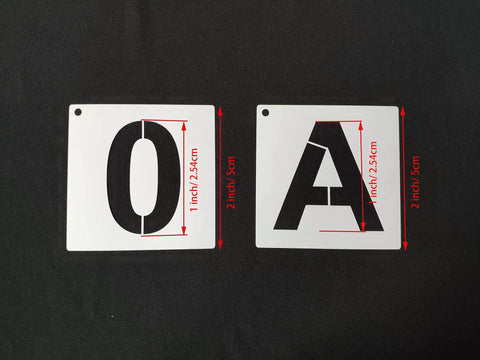 Reusable 2 Inch Letter Stencil Set For Wood Wall Fabric Rock And Signage DIY Art Projects 36 Alphabet And Number Stencils With Binder Ring Durable White Plastic Templates For Craft Lovers showing 'O' and 'A' stencils on black background.