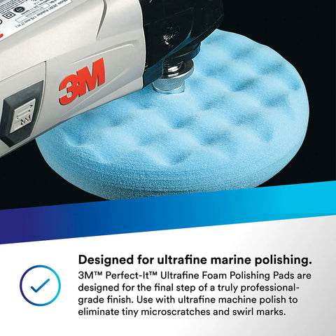 Perfect It Ultrafine Foam Polishing Pad Double Sided 8 Inches Blue in use on a polishing machine with waffle face visible