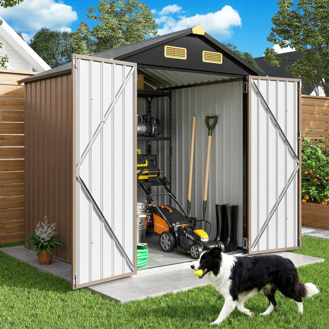 Heavy Duty 6x6 Outdoor Storage Shed With Lockable Double Doors, Galvanized Steel Build, Built In Ventilation, Weather Tough, All Season Ready, Ideal For Wheelbarrows, Bikes, Lawn Mowers, Yard Bins And Garden Gear, Black Brown.