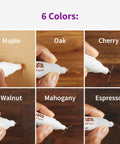 Exact Match Wood Furniture And Floor Repair Markers, 6 Count Brown Markers applied on wood surfaces in maple, oak, cherry, walnut, mahogany, and espresso colors.