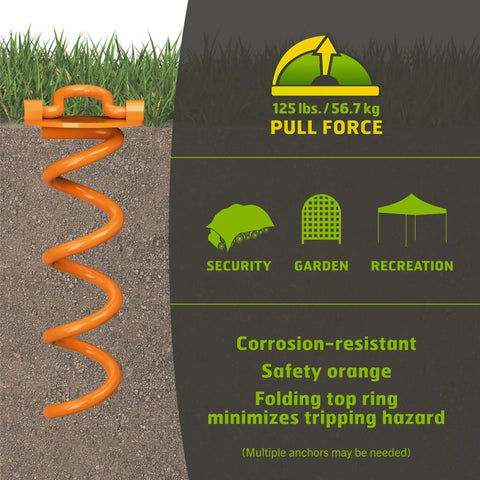 Heavy Duty 8 Inch Spiral Ground Anchor with Folding Ring Screw in Steel for 125 Lb Pull Weatherproof Powder Coated Orange