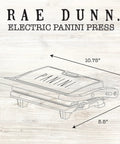 Panini Maker 750W 2 Slice Grill With Indicator Lights, nonstick surface, cream finish; side diagram view with product dimensions.