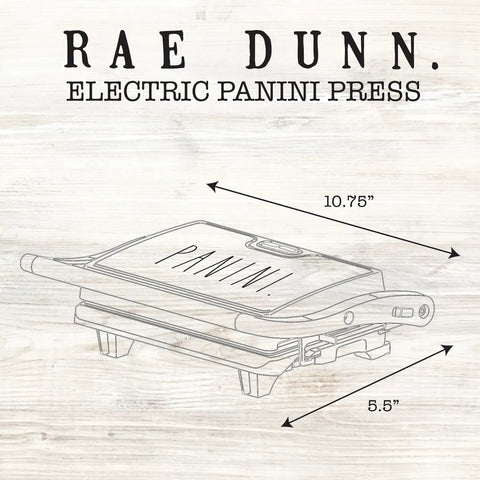 Panini Maker 750W 2 Slice Grill With Indicator Lights, nonstick surface, cream finish; side diagram view with product dimensions.