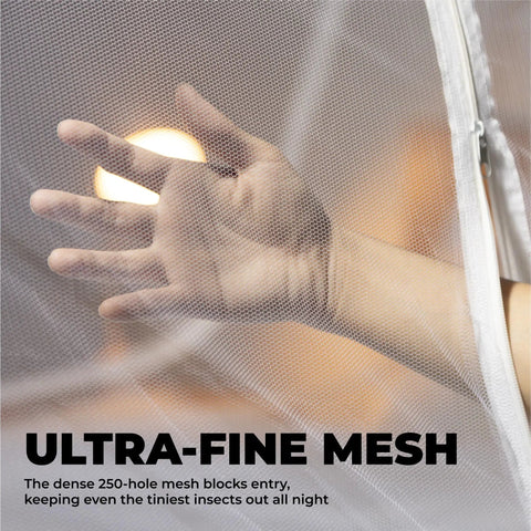 Close-up of hand through mesh of Pop Up Mosquito Net For Bed And Camping Indoor Outdoor Bug Mesh Shelter Lightweight Portable Tent