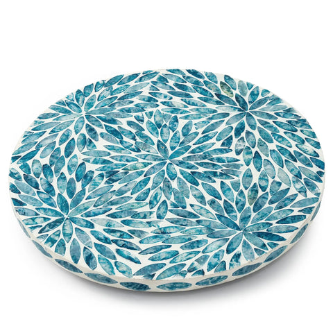 Top view of Lazy Susan Turntable Organizer With Mother Of Pearl Inlay, Wood Round Spinning Tray, 12.5 Inch Diameter with blue shell pattern