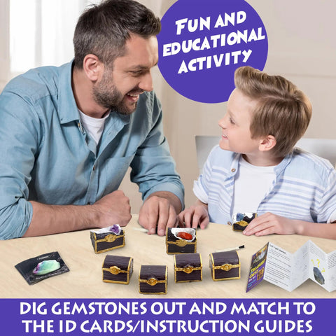 Father and son enjoying Treasure Chest Dig Kit Party Pack For 12 Kids With 12 Gems And Crystals Excavate Real Treasure Like A Pirate For Fun STEM Science Activity Gifts For Boys And Girls