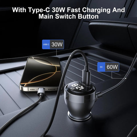 Heavy Duty Waterproof DC Power Cable With Switch And Digital Volt Meter For Cars Trucks RVs Boats 12V To 48V 16 AWG 10 FT connected to a smartphone.