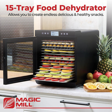 Kickass Food Dehydrator With Fifteen Extra Large Stainless Trays For Making Badass Beef Jerky And Crispy Dog Treats Featuring rear fan and adjustable heat.