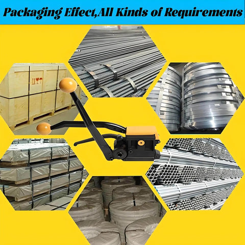 Heavy Duty Stainless Steel Strapping Tool Manual Belt Bundler For 13 To 19mm Metal Strap Packers in use, packaging various materials.