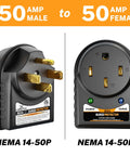 RV Surge Protector 50 Amp With Integrated Surge Protection ETL Listed Heavy Duty Power Adapter close-up with NEMA 14-50P and 14-50R.