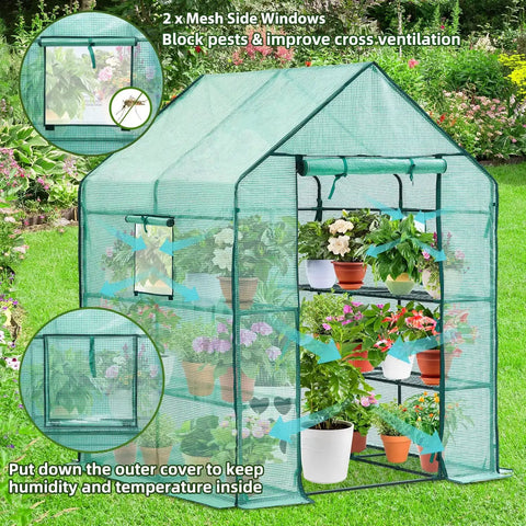 Outdoor Walk In Greenhouse With Screen Windows 57 X 57 X 76 Inches Heavy Duty Portable Plastic Grow House Built For Grower Friendly 3 Tiers And 12 Shelves With Shelf Clips PE Cover For All Weather Year Round Planting