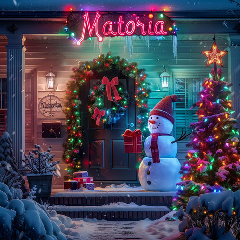 Festive porch with Christmas decorations, snowman, wreath, and colorful lights under a neon sign. Snowy winter scene.