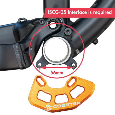 FortiGuard Alloy MTB Bash Guard ISCG05 Compatible showing mount points on bike frame, orange guard displayed below, labeled Cogster.