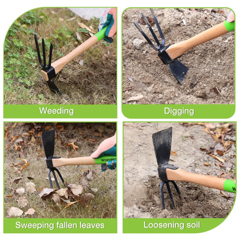 Hoe and Cultivator Garden Rake with 14 Inch Wooden Handle and Sharp Hoe Blade used for Weeding Digging Loosening Soil
