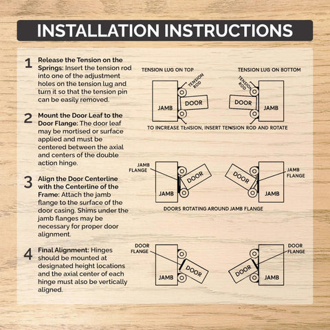 Installation instructions for Adjustable Double Action Spring Hinge For Saloon And Cafe Doors.