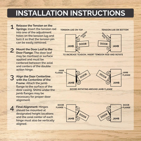 Installation instructions for Adjustable Double Action Spring Hinge For Saloon, Swinging Or Cafe Doors Self Closing Dual Swing 6 Inch Oil Rubbed Bronze Durable Rust Resistant Hardware on wooden background.