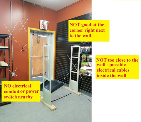 Starter Sound Security Kit With 2000 Soft Sensor Labels Glass Top Soft Label Device With Audible Alert And RF 8.2 MHz EAS Antenna Tower Gate System installed in retail environment, demonstrating spacing and positioning.