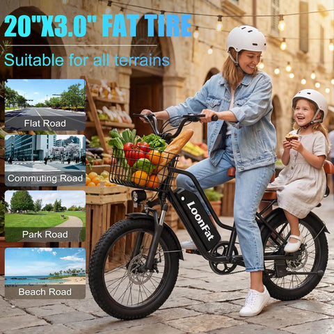 Two Seat Electric Bike For Adults With Rear Seat And Front Basket, Peak 1000W Ebike with child on back in city street