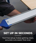 Heavy Duty Straight Edge Guide XL 98 Inch Circular Saw Rail in hand, showcasing tool-free setup for easy cuts.