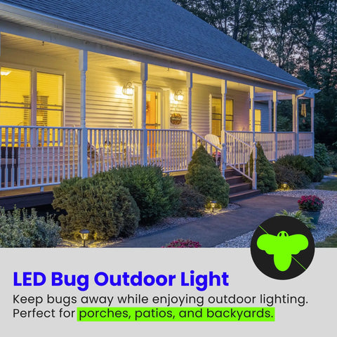 A19 Outdoor Bug Light LED Bulb, 60 Watt Equivalent, illuminating a patio to keep bugs away at night