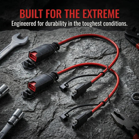 Two Pack X-Connect SAE Adapter Accessory With Polarity Reversal, Rugged 14AWG Copper Cable, Waterproof Connector on rocky surface