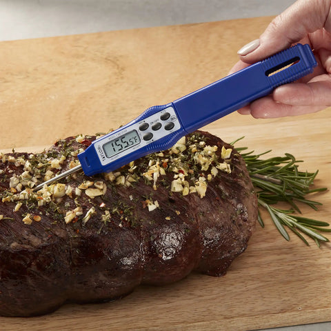 Compact Waterproof Digital Food Thermometer With 2.81 Inch Stem And FDA Recommended 1.5mm Probe, NSF Certified, HACCP Recalibratable Safe T Guard Case, Min Max Memory, Reads From Minus 40 To 450 Fahrenheit, Blue, in use checking roast temperature