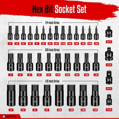 Premium 36-Piece Hex Bit Impact Socket Set With Metric And Sae Sizes Including Drivers, Adapters, And Allen Wrenches For Tough Auto Mechanic Jobs That Grit Your Teeth And Get The Job Done Right. 36-piece hex bit set with 1/4, 3/8, 1/2 drives, metric and SAE sizes