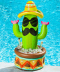 Forty Three Inch Inflatable Cactus Cooler With Sombrero Hat For Fiesta And Cinco De Mayo Party Supplies A Fun Functional Inflatable Pool Party Cooler And Desert Theme Decor That Keeps Drinks Cold at a poolside with ice and bottles