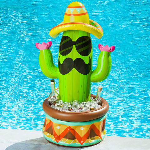 Forty Three Inch Inflatable Cactus Cooler With Sombrero Hat For Fiesta And Cinco De Mayo Party Supplies A Fun Functional Inflatable Pool Party Cooler And Desert Theme Decor That Keeps Drinks Cold at a poolside with ice and bottles