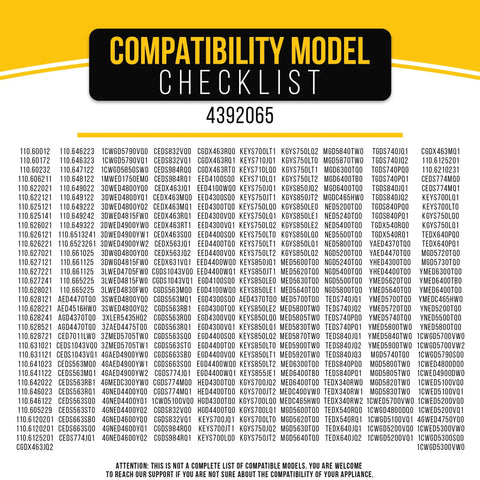 Compatibility model checklist for Must Have Dryer Repair Kit 4392065 For Whirlpool DIY Fix With Drum Belt Drum Roller And Pulley