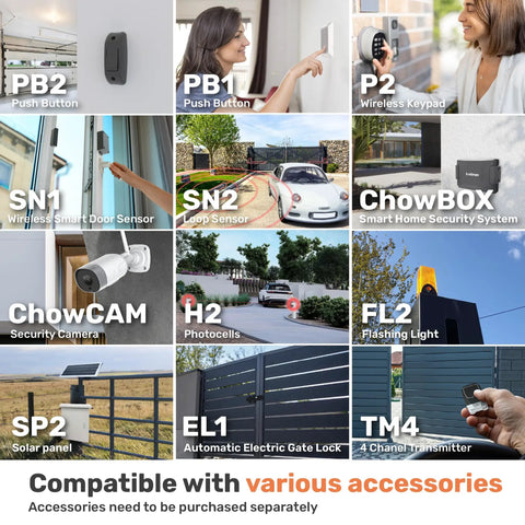 Image of Heavy Duty Dual Automatic Swing Gate Opener Support accessories including push buttons, sensors, and cameras.