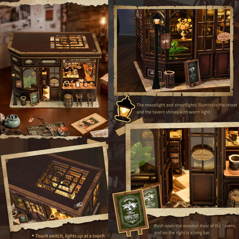 DIY Book Nook Kit Corner Tavern Miniature Dollhouse For Adults Teens Beginners, 3D Wooden Puzzle For Bookshelf Decor showing detailed scenes.