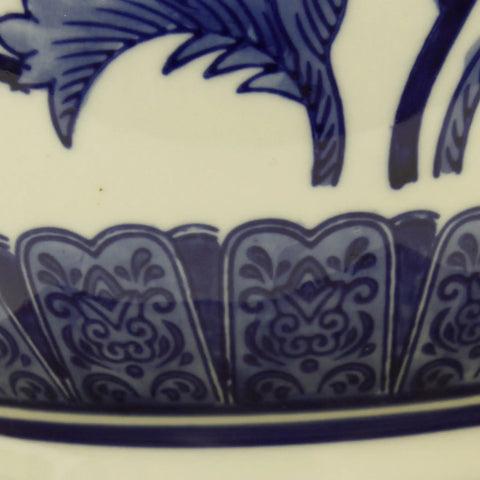 Close-up of blue and white floral ceramic detail on Blue And White Floral Ceramic Table Lamp With White Cotton Shade Small Size On Off Switch 60W Max Bulb For Bedroom Nightstand Or Living Room Decor Accent Lighting For Cozy Nighttime Ambiance.