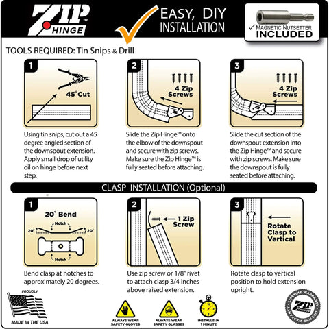 Flip Up Downspout Hinge Kit For Easy Yard Access No Detach Needed Perfect For Lawn Mowing Fits 2x3 And 3x4 Downspouts And 5In Or 6In Gutters DIY Install 6 Pack Made In USA installation guide with step-by-step instructions and required tools.