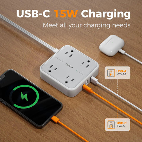Extension Cord 10 Ft Long Surge Protector Power Strip With 4 Outlets 3 USB Ports Including USB C 900 Joules Protection Flat Cable