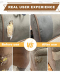 Before and after images of Premium Gray Velvet Fabric Repair Patches Self Adhesive Couch Menders applied to damaged sofa.